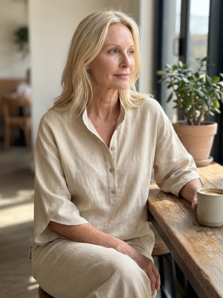 Femme portant un ensemble deux pièces avec tunique boutonnée et pantalon droit, coloris beige