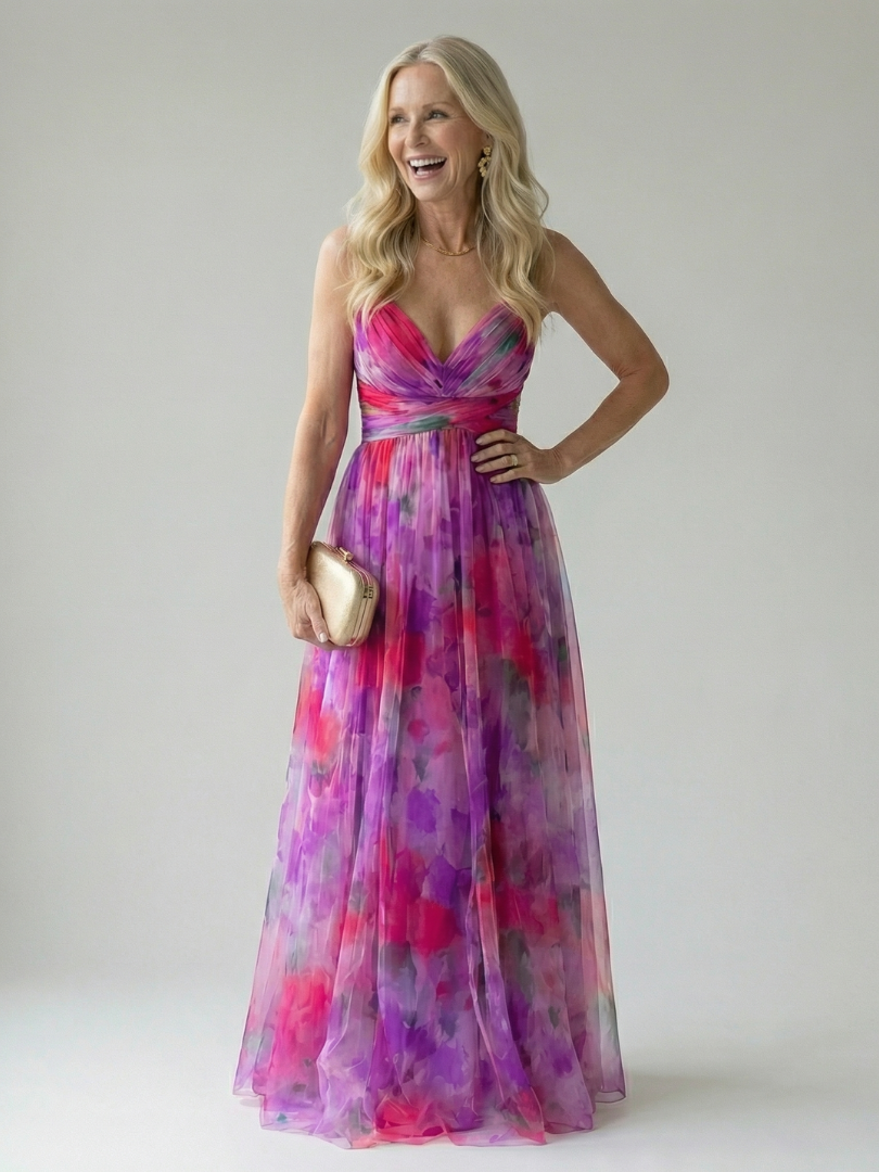 Maïwenn — Robe longue cache-cœur en voile imprimé, coloris Fuchsia aquarelle