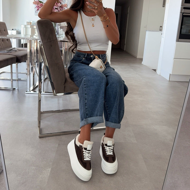 Brune | Baskets marron à plateforme et finition teddy