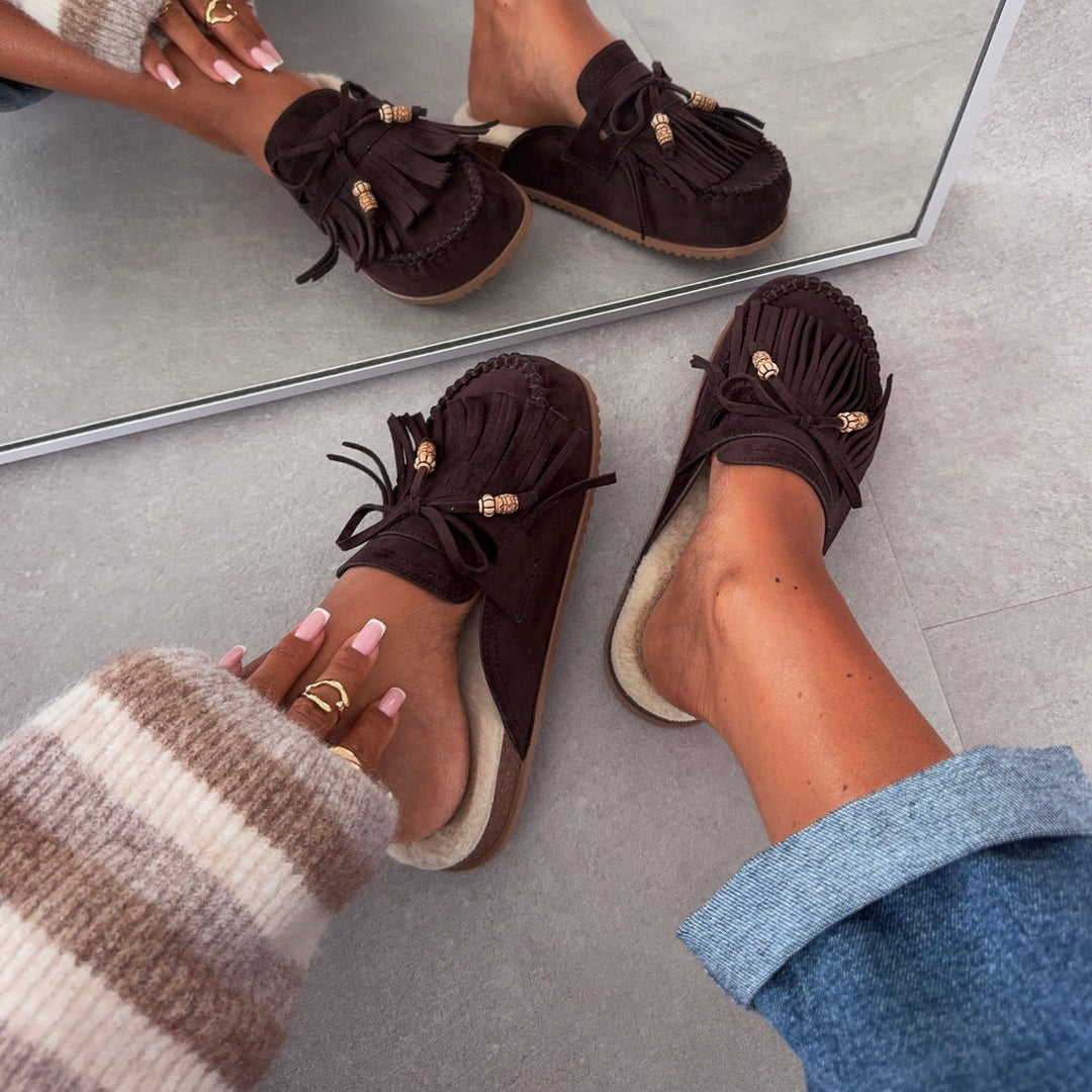 Olivia | Mules fourrées marron à franges