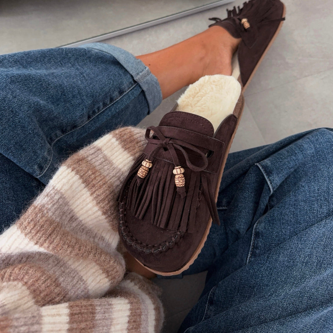 Olivia | Mules fourrées marron à franges