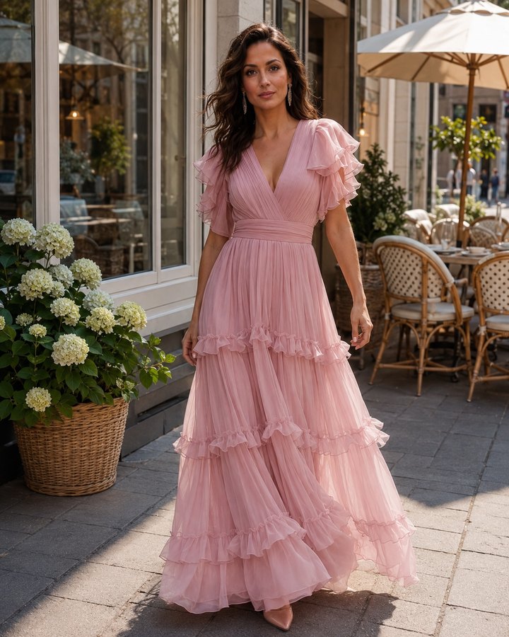 Agathe — Robe longue portefeuille à volants