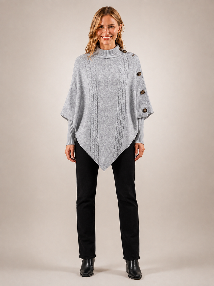 Apolline | Poncho col roulé en maille torsadée à boutons