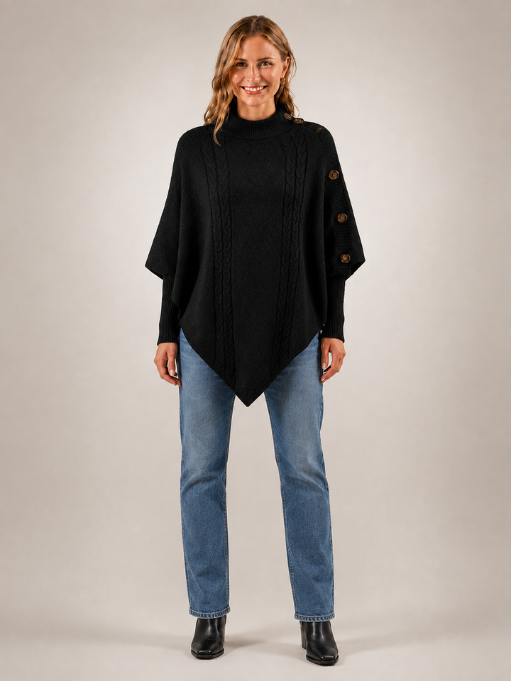 Apolline | Poncho col roulé en maille torsadée à boutons