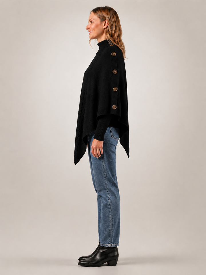 Apolline | Poncho col roulé en maille torsadée à boutons