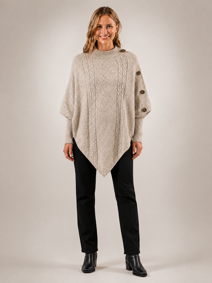 Apolline | Poncho col roulé en maille torsadée à boutons