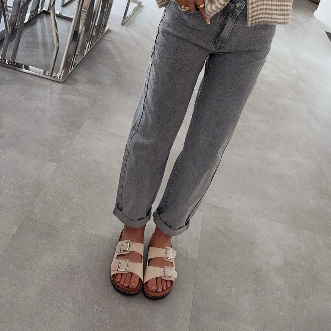 Cécile | Mules beiges à double bride et boucles