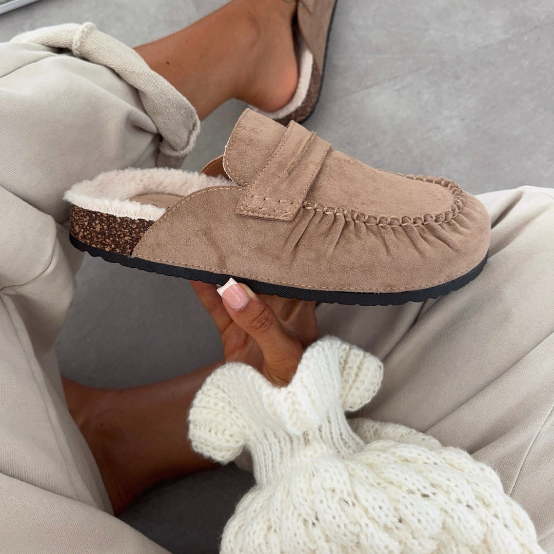 Aurore | Mules fourrées beiges façon mocassin