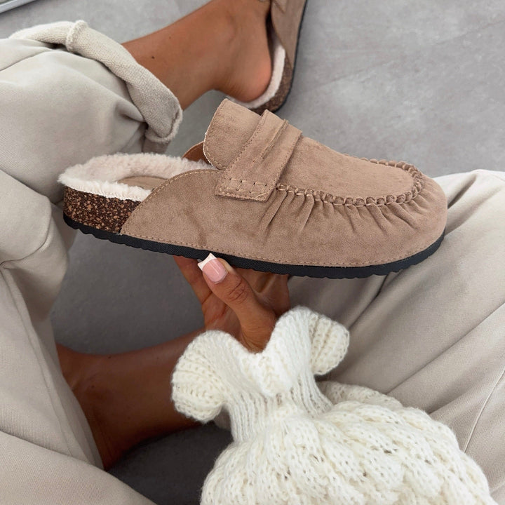 Aurore | Mules fourrées beiges façon mocassin