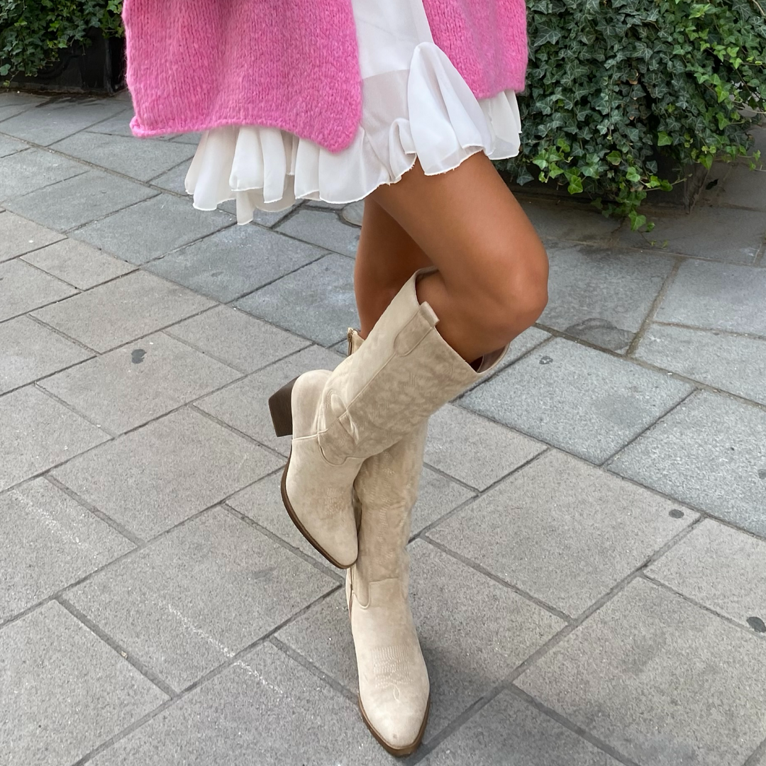 Justine | Bottes western hautes beiges en suédine