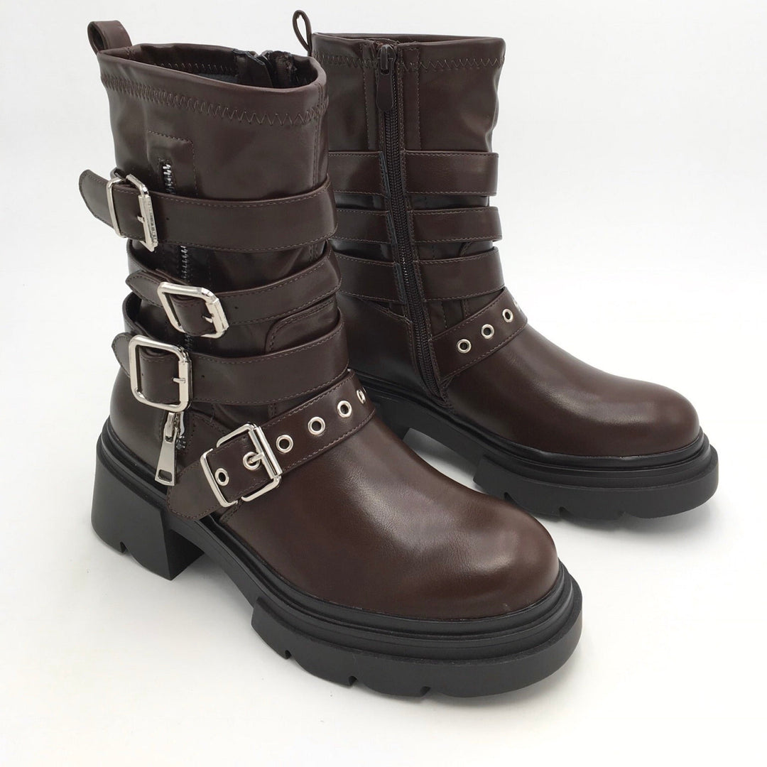 Claire | Bottines motardes marron à boucles