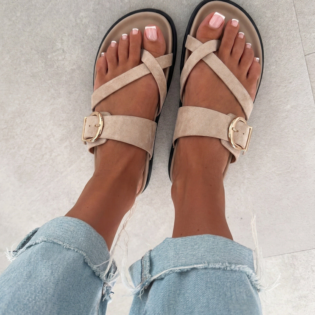 Gisèle | Mules beiges à brides et boucle