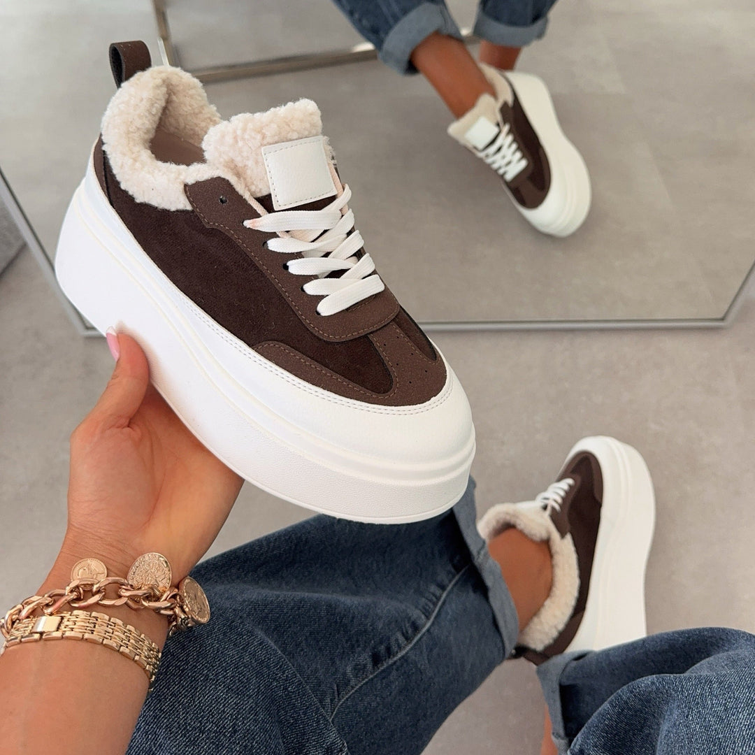 Brune | Baskets marron à plateforme et finition teddy