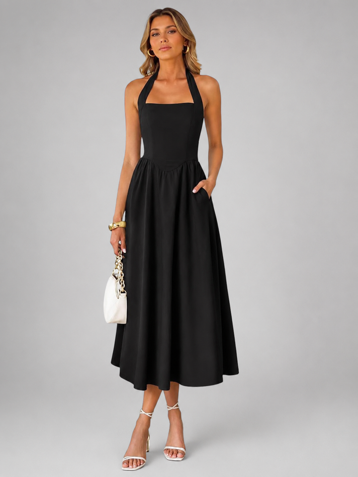 Célestine — Robe midi à col licou et jupe évasée, coloris Noir