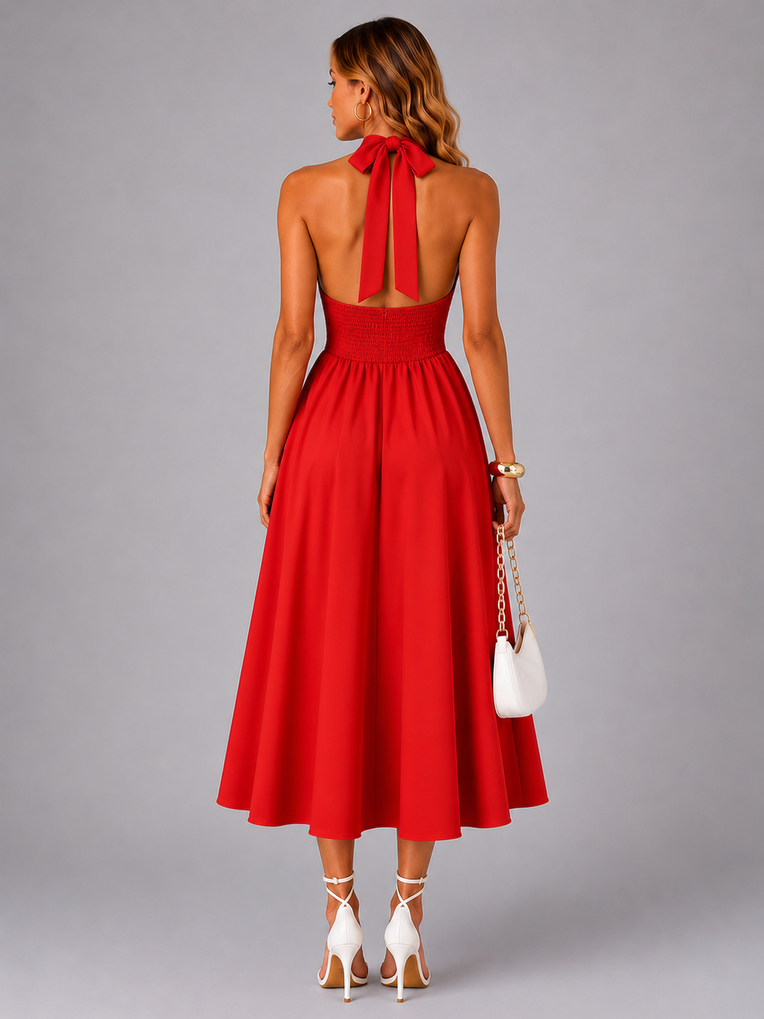 Célestine — Robe midi à col licou et jupe évasée