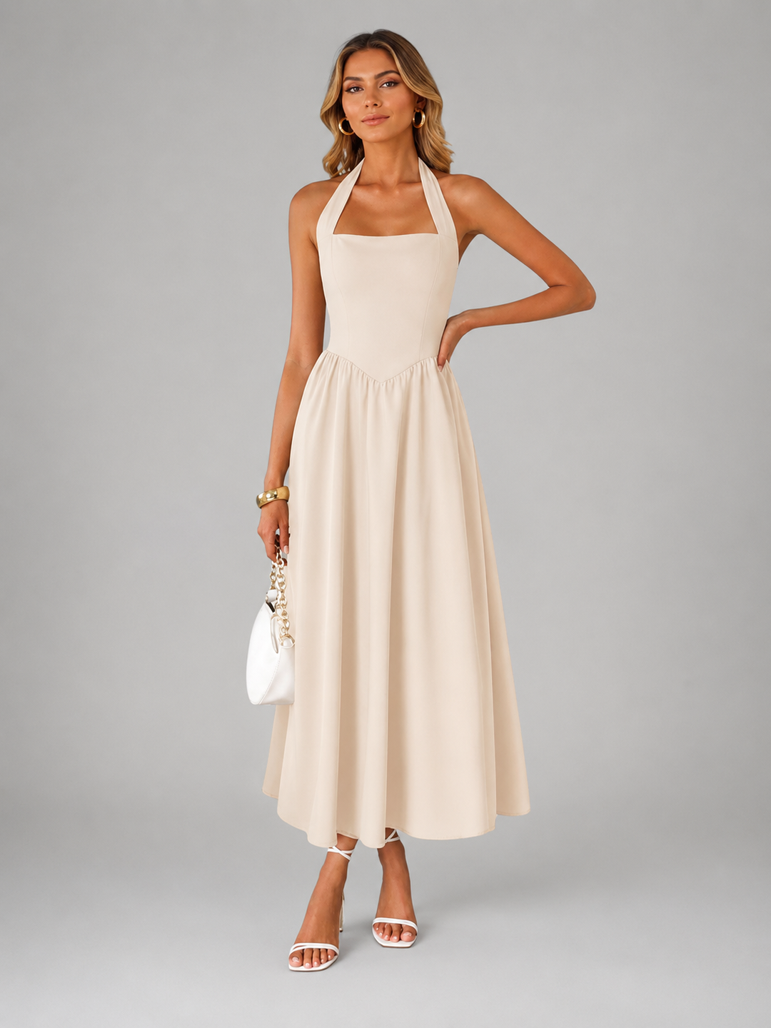 Célestine — Robe midi à col licou et jupe évasée, coloris Écru