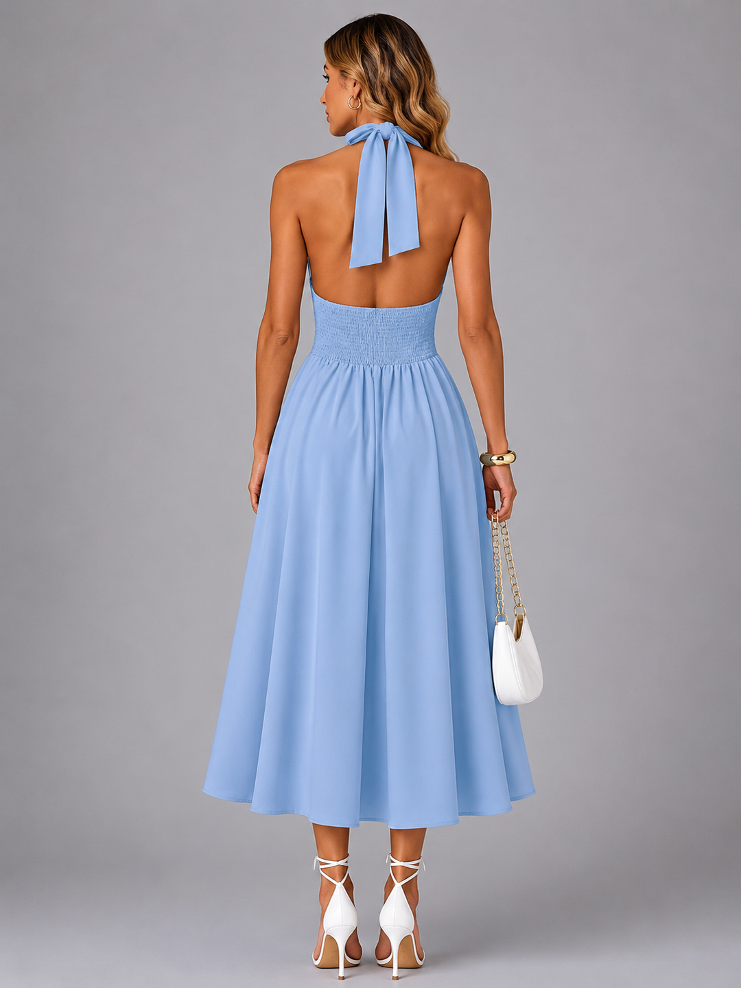 Célestine — Robe midi à col licou et jupe évasée