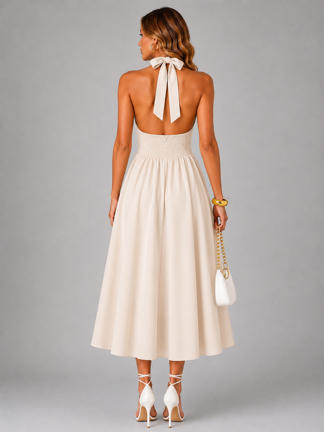 Célestine — Robe midi à col licou et jupe évasée