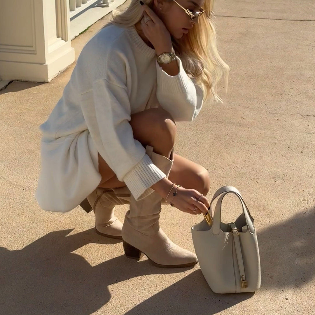 Justine | Bottes western hautes beiges en suédine