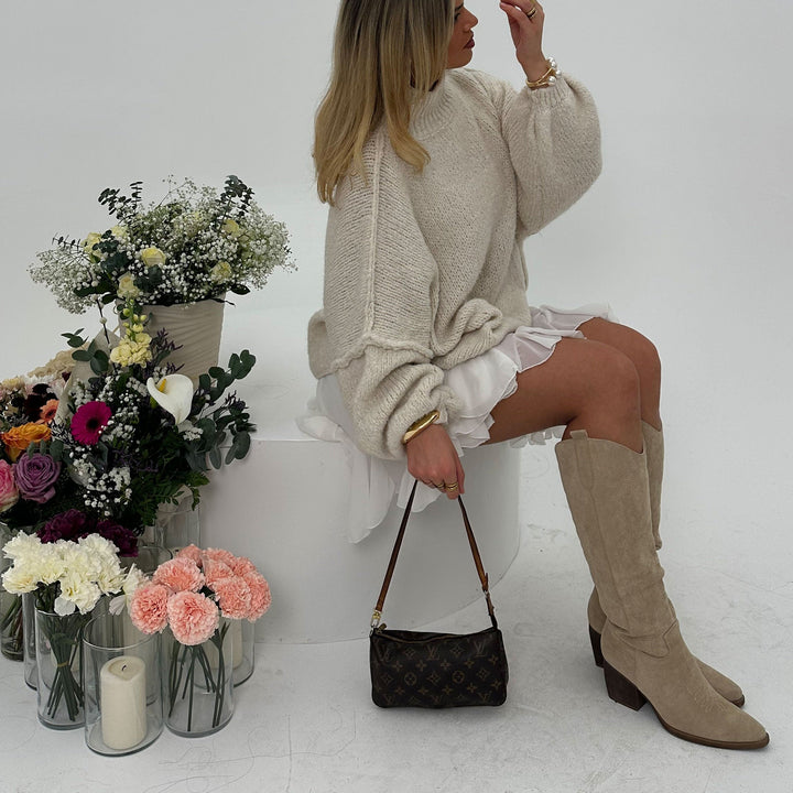 Justine | Bottes western hautes beiges en suédine