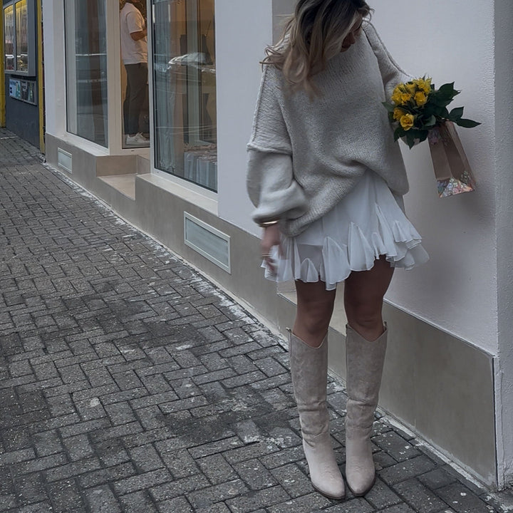 Justine | Bottes western hautes beiges en suédine