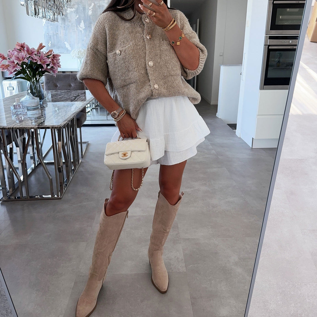 Justine | Bottes western hautes beiges en suédine