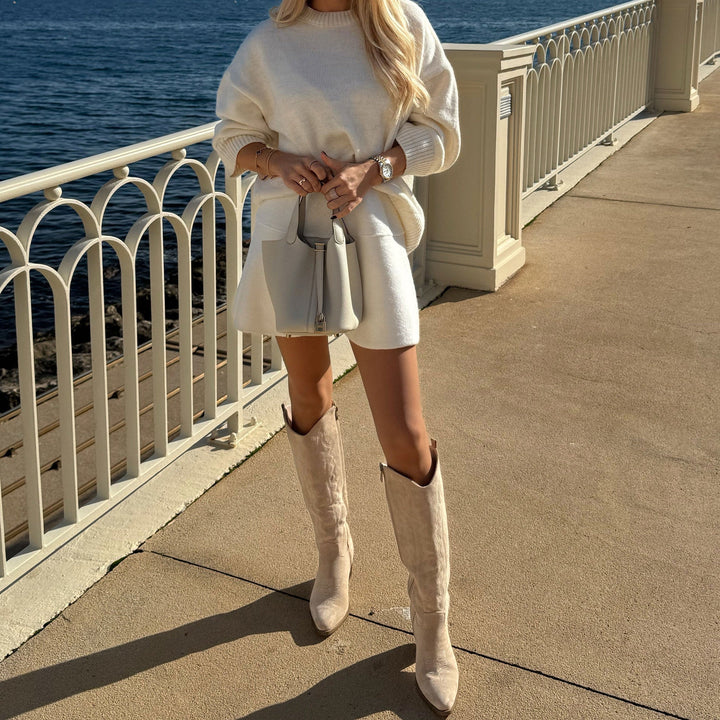 Justine | Bottes western hautes beiges en suédine