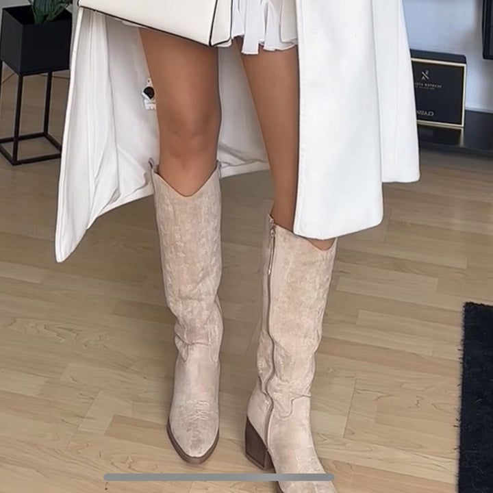 Justine | Bottes western hautes beiges en suédine