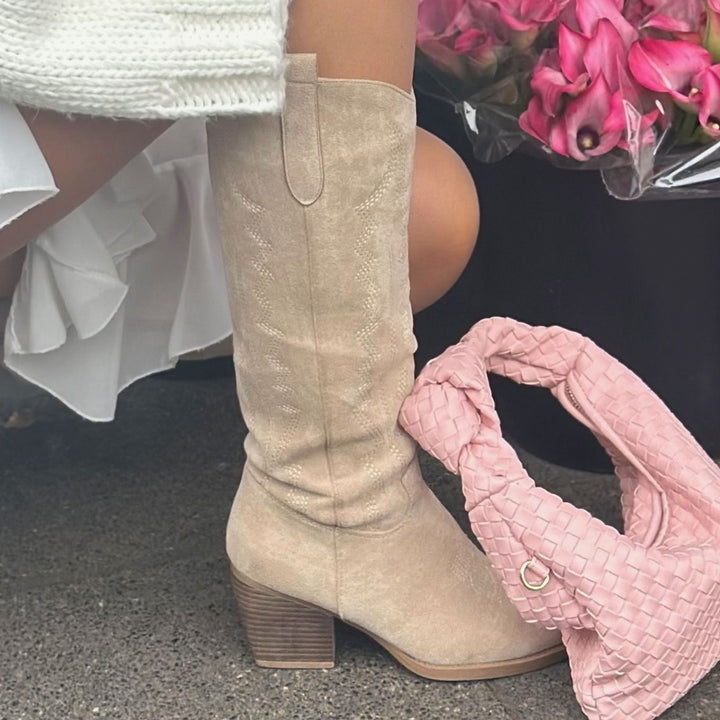 Justine | Bottes western hautes beiges en suédine