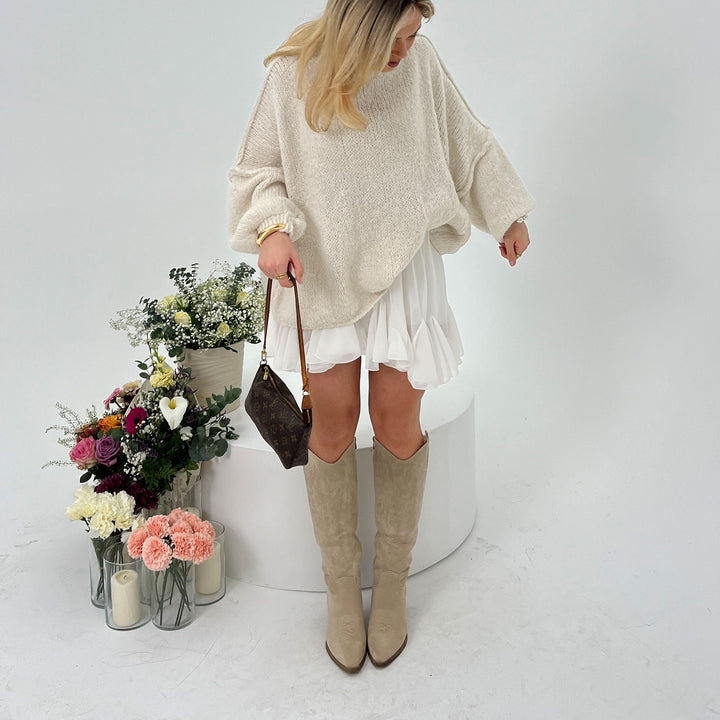 Justine | Bottes western hautes beiges en suédine