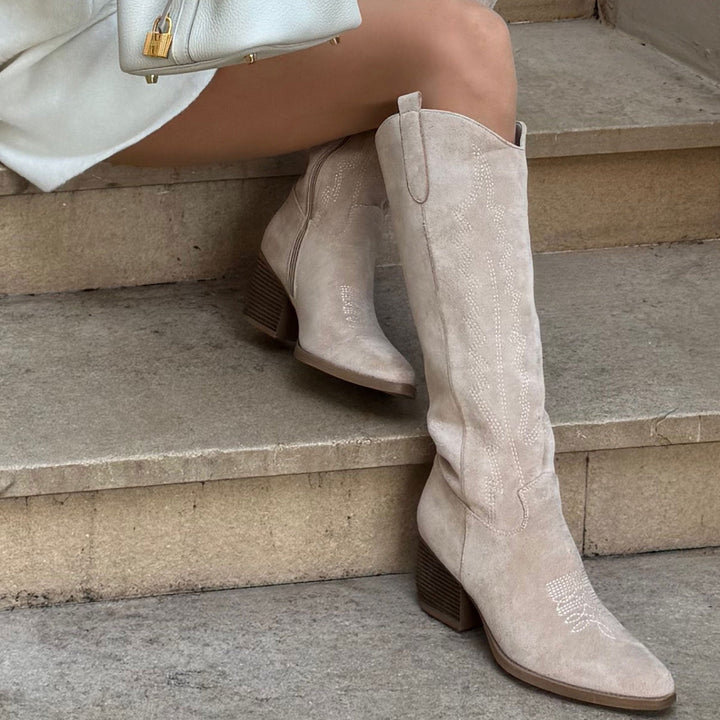 Justine | Bottes western hautes beiges en suédine
