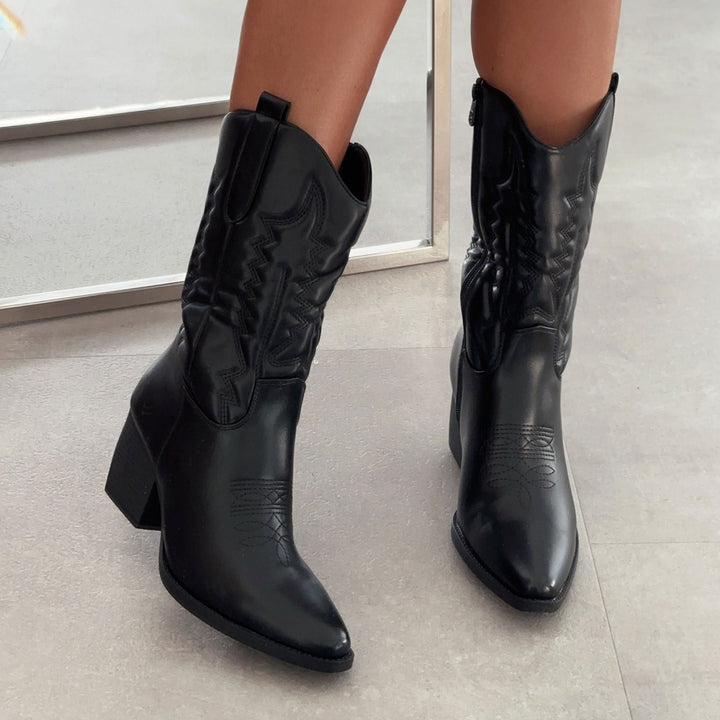 Eugénie | Bottes western mi-mollet noires brodées