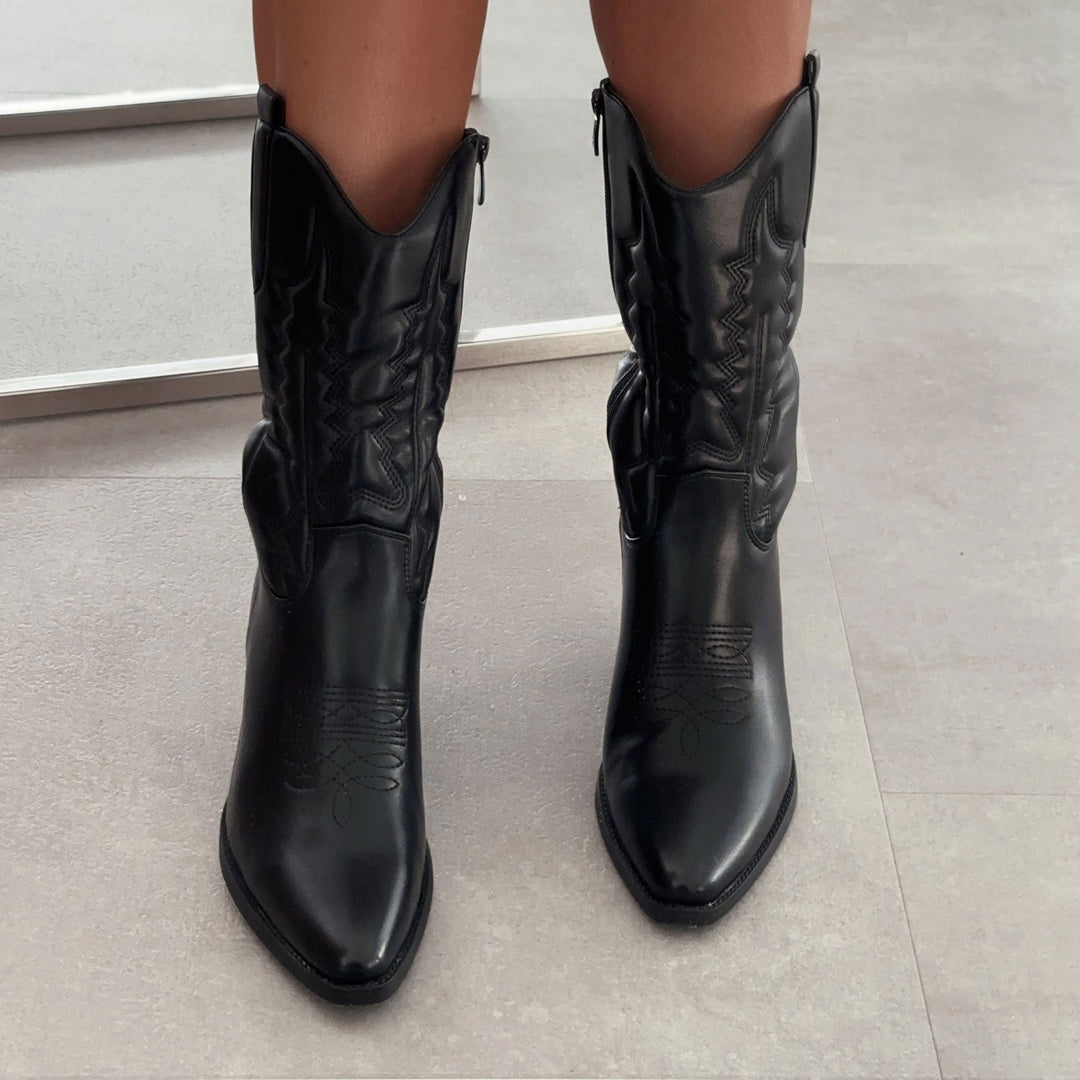 Eugénie | Bottes western mi-mollet noires brodées
