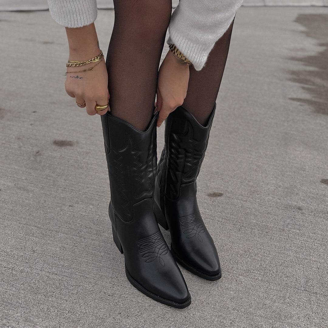 Eugénie | Bottes western mi-mollet noires brodées