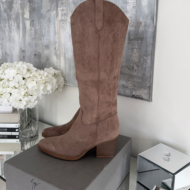 Marceline | Bottes western hautes taupe en suédine