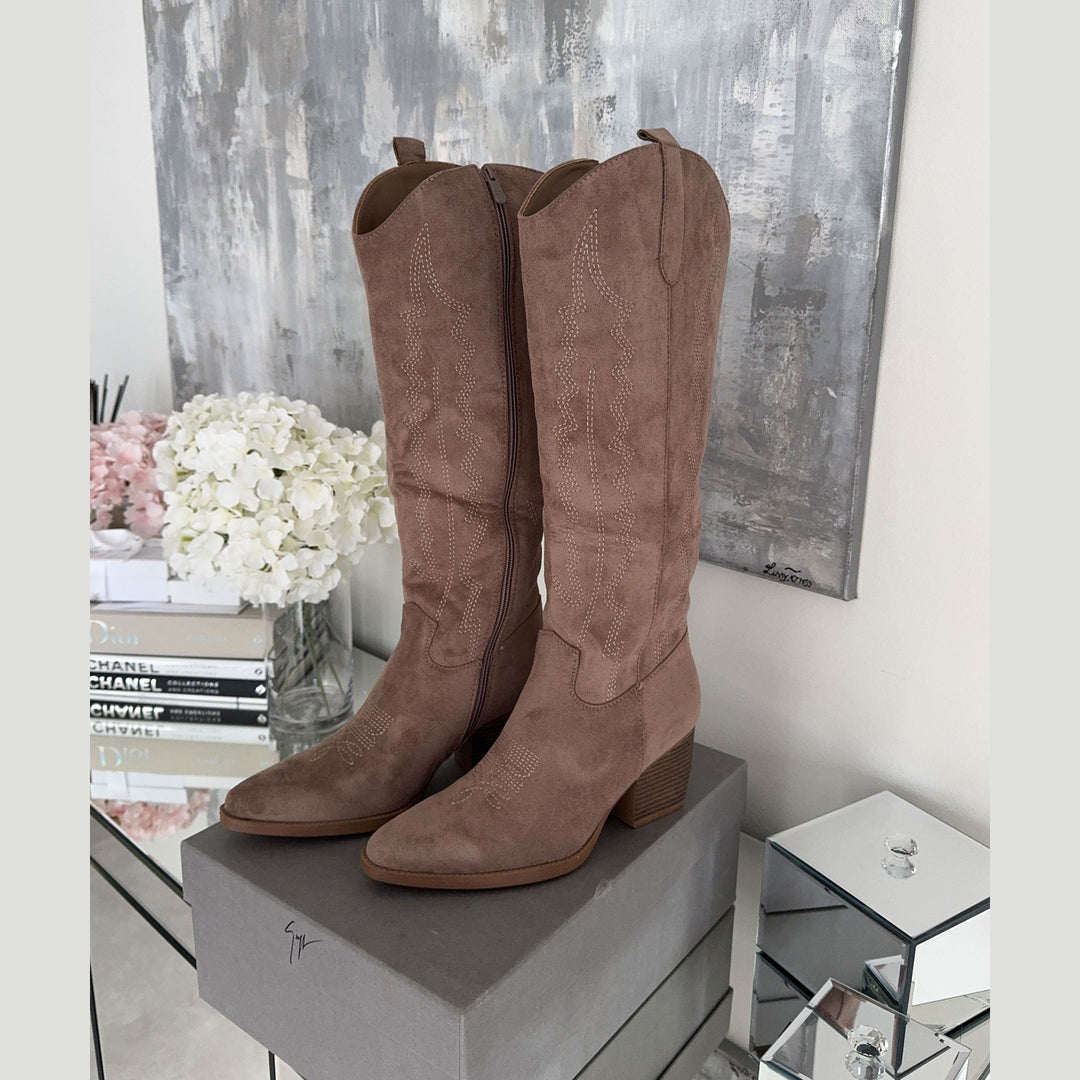Marceline | Bottes western hautes taupe en suédine