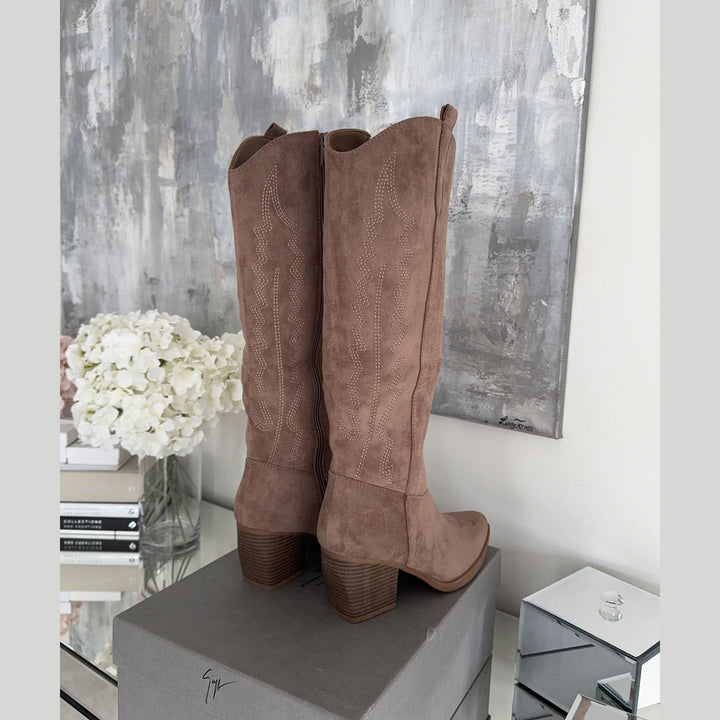 Marceline | Bottes western hautes taupe en suédine