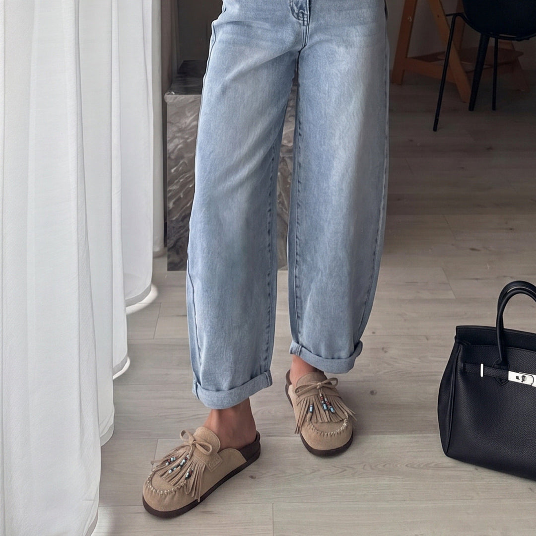 Nolwenn | Mocassins beiges à franges perlées