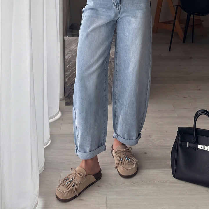 Nolwenn | Mocassins beiges à franges perlées