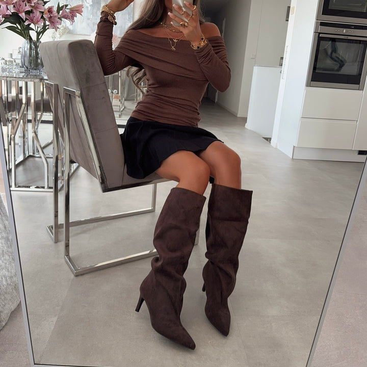 Laurence | Bottes à talon marron foncé en suédine