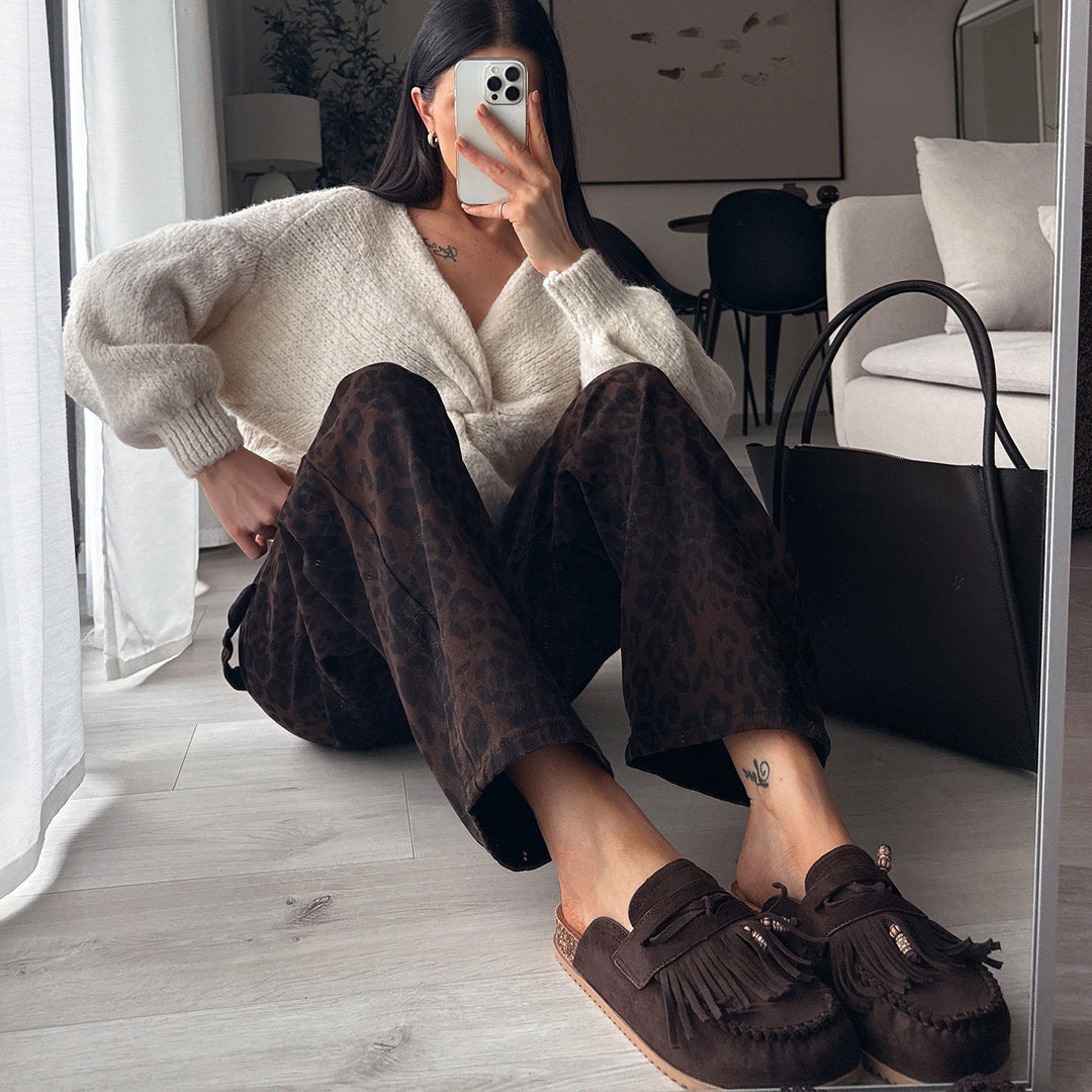 Olivia | Mules fourrées marron à franges