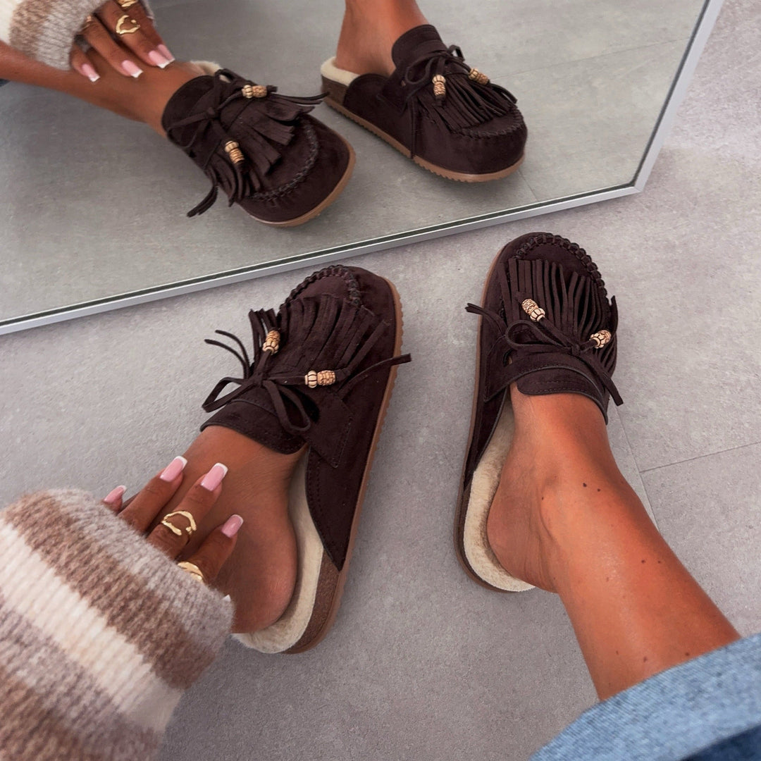 Olivia | Mules fourrées marron à franges