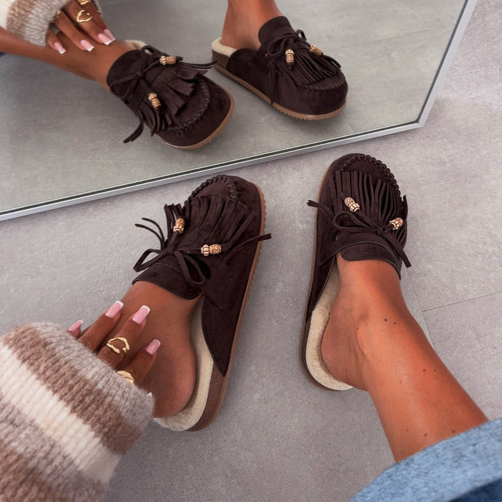 Olivia | Mules fourrées marron à franges