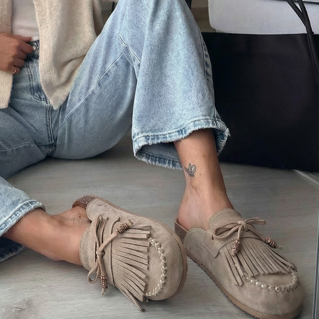 Nadège | Mules beiges à franges