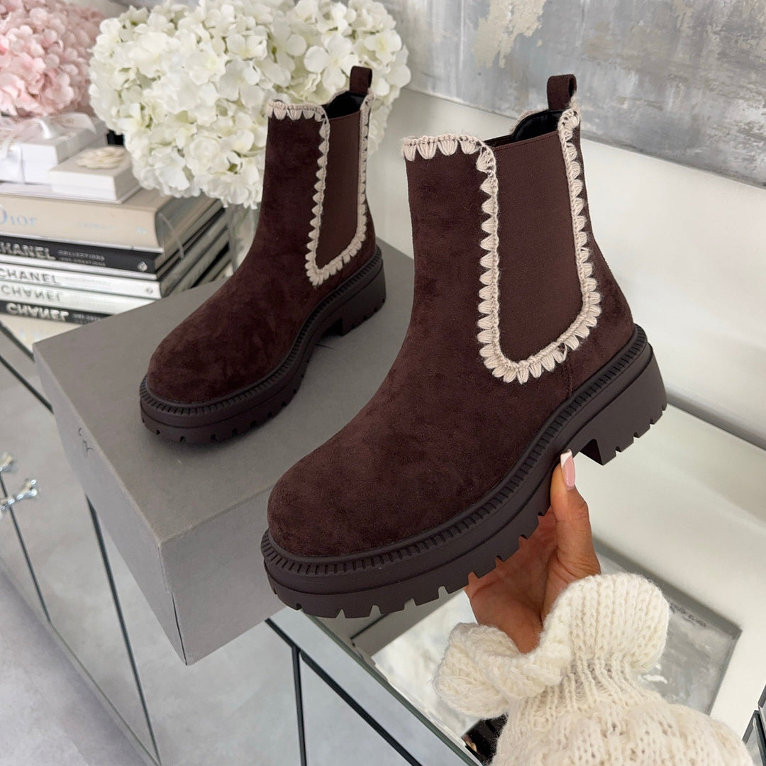 Victoire | Bottines Chelsea marron foncé à liseré clair