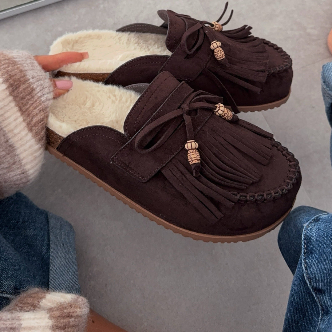 Olivia | Mules fourrées marron à franges