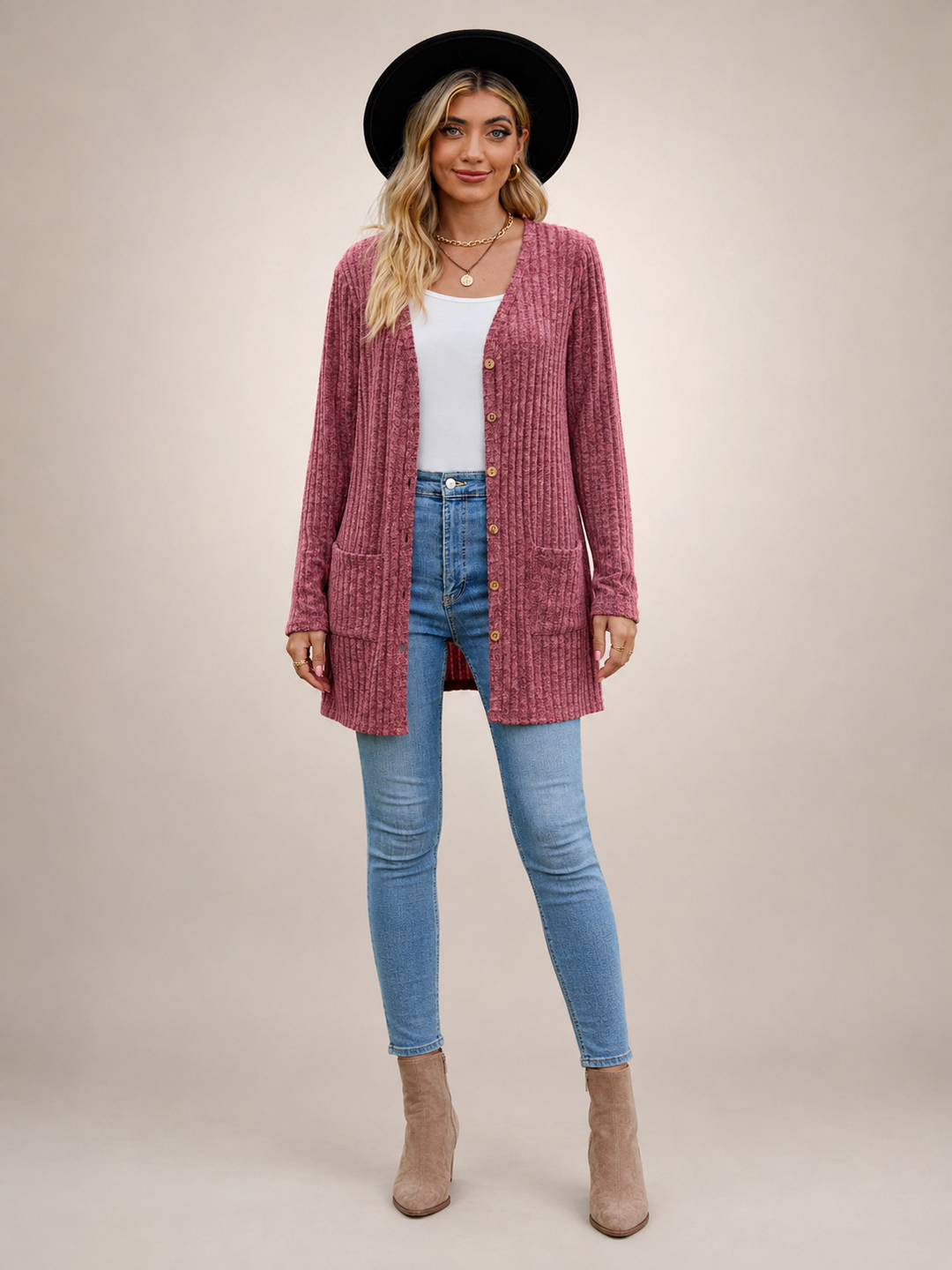 Éliane | Cardigan long boutonné col V