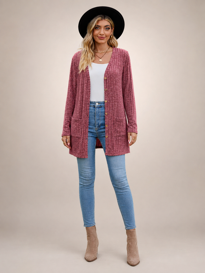 Éliane | Cardigan long boutonné col V