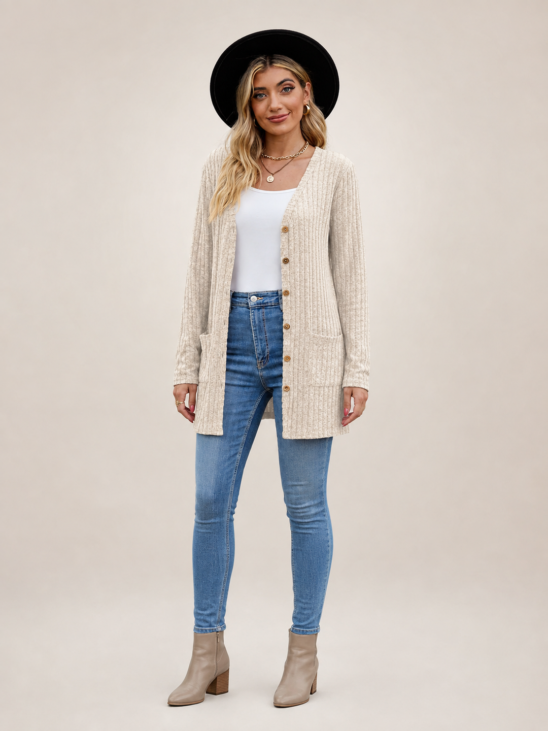 Éliane | Cardigan long boutonné col V