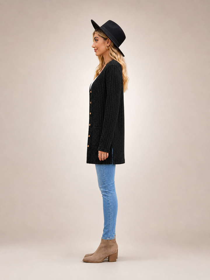 Éliane | Cardigan long boutonné col V